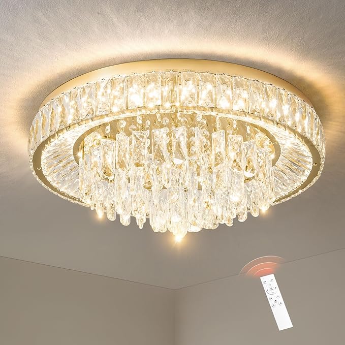 Modern Dimmable Led Crystal Chandelier: Flush Mount Crystals Ceiling Light with Remote - 24" Round Crystal Chandeliers Gold Ceiling Lighting Fixtures for Dining Room Bedroom Living Room Entryway
