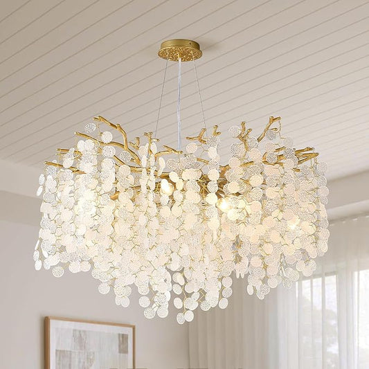 32 Inch Gold Crystal Chandelier, 10-Light Coastal Chandeliers for Dining Room, Large Modern Tree Branch Light Fixtures, Seashell Chandelier for Entryway Foyer Bathroom Living Room, E12