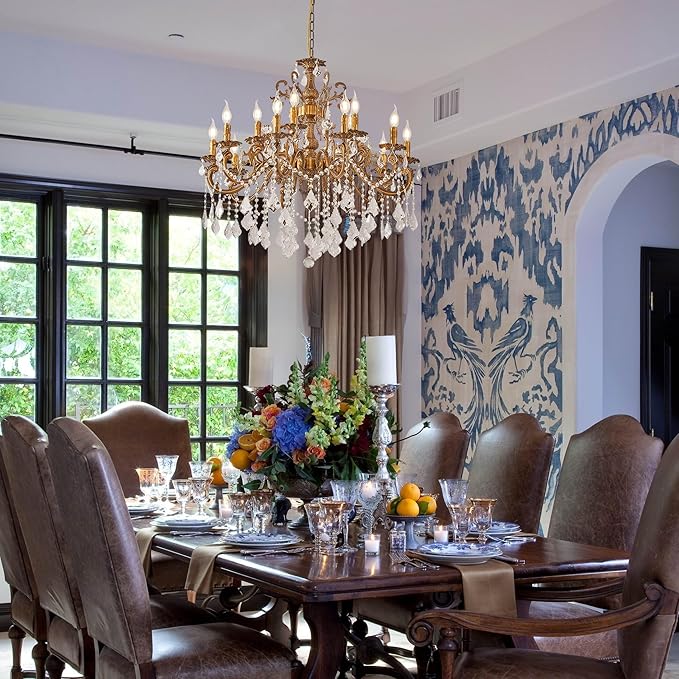 15 Light Classic Vintage Crystal Candle Chandeliers for Living Room Dining Room Foyer Entryway Antique Gold Finish