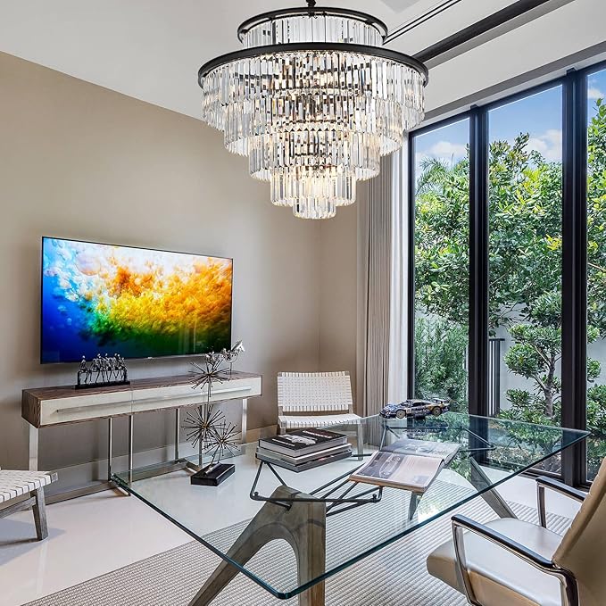 35" 24-Light Modern Crystal Chandelier Light Fixture Large 6-Tier Black Luxury Chandeliers for Dining Room Round Hanging Pendant Lighting for Living Room Kitchen Entryway Bedroom Foyer Lobby