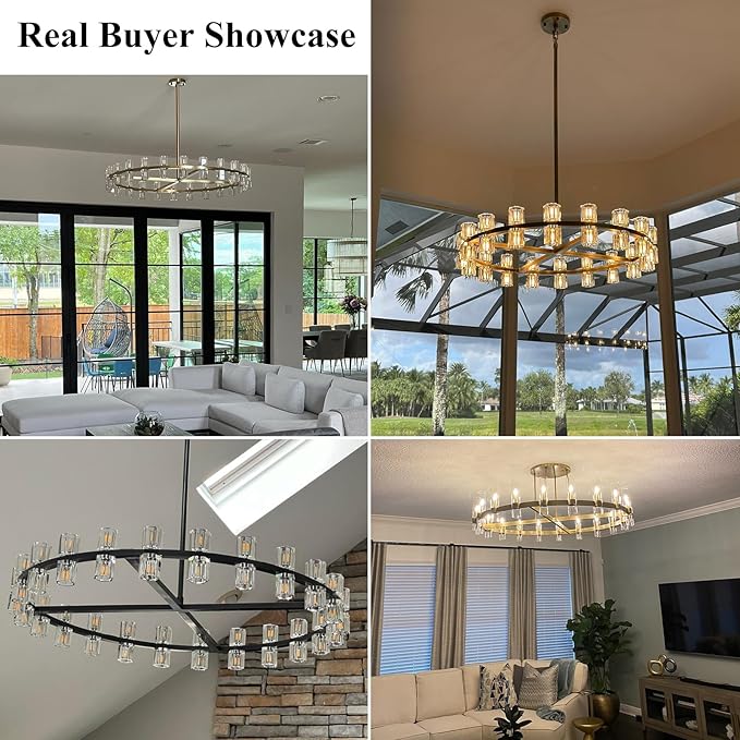 Modern 48 inch Gold Round Chandeliers Light Fixture, Crystal Chandeliers for Dining Room, Living Room Chandelier, Wagon Wheel Chandelier Over Table, Suitable for Bedroom,Foyer,Includes Bulbs