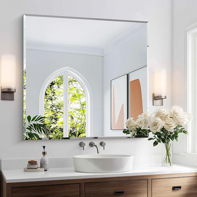 KOCUUY Beveled Mirror, 36x36 Inch Large Frameless Square Bathroom Mirror for Over Sink, Upgraded Shatterproof Beveled Unframed Design Mirror for Bathroom, Bedroom, Hang Horizontal/Vertical