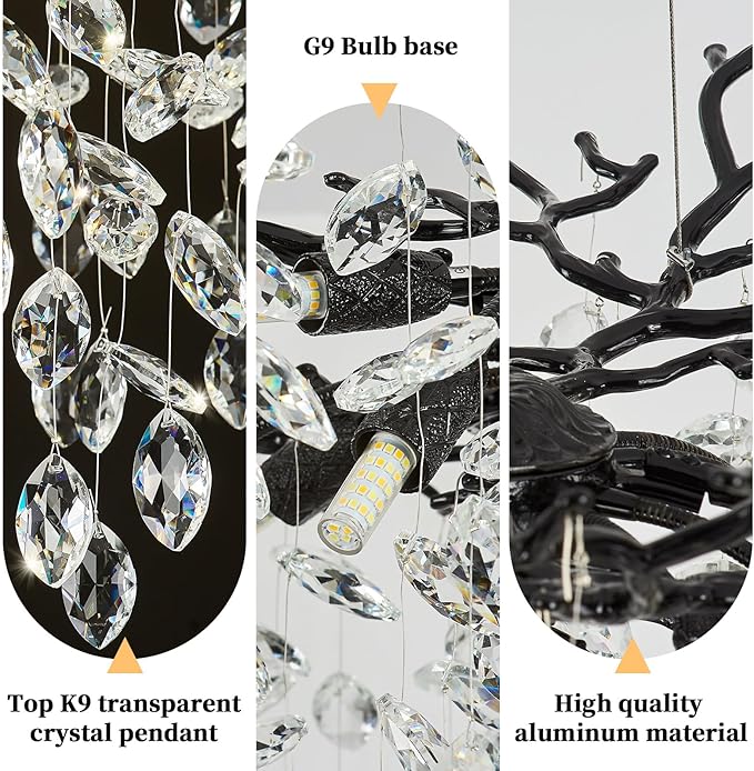 Modern Tree Branch Black Crystal Chandelier，Contemporary 10-Light Pendant Lighting with K9 Clear Crystal 31.5" Luxury Farmhouse Chandeliers for Church Living Room Kitchen Bedroom