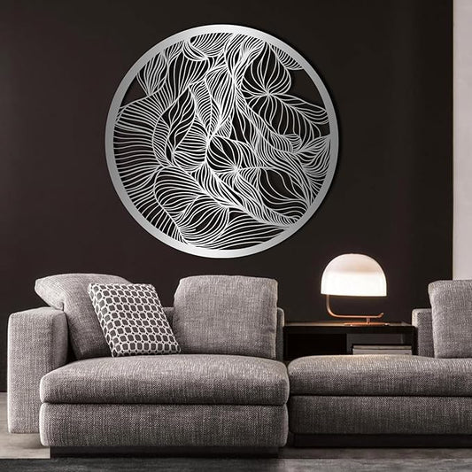 Abstract Lines Metal Wall Decor, Round Metal Wall Art, Line Art Wall Decor, Metal Abstract Wall Art, Metal Irregular Wall Hanging, Geometric Art, Metal Wall Art for Living Room (Sliver, 47"x47"/120x120cm, metal wall art)