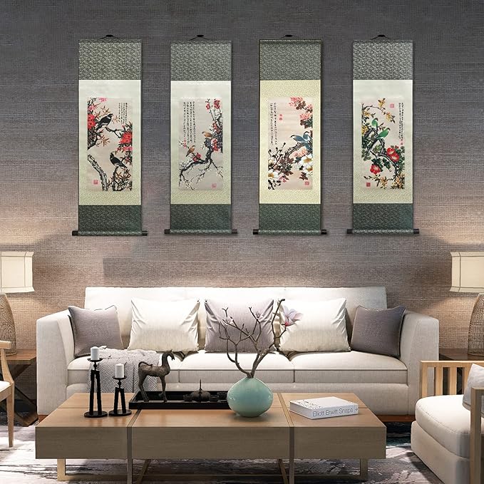 AtfArt Asian Wall Decor - Beautiful Silk Scroll Painting 4 Color Flower bird - Starling Thrush Magpie Parrot Oriental Decor Chinese Art Wall Scroll Hanging Painting 36.2 x 12in (4 Piece)