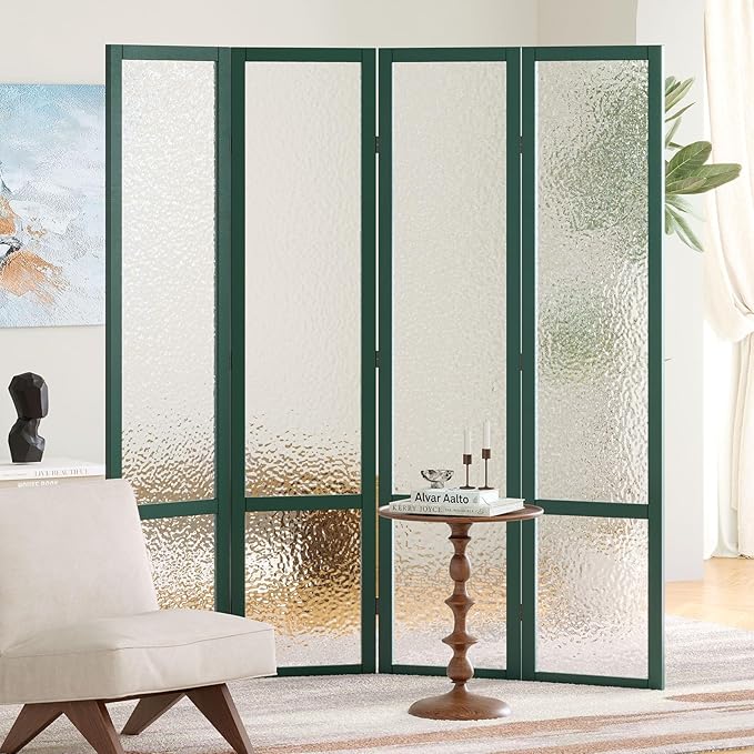 Acrylic Room Divider, 4-Panel Freestanding Partition Screen, Frosted Translucent Privacy Panel - Lightweight Modern Divider for Home Office Studio (Dark Green, 4 Panels)