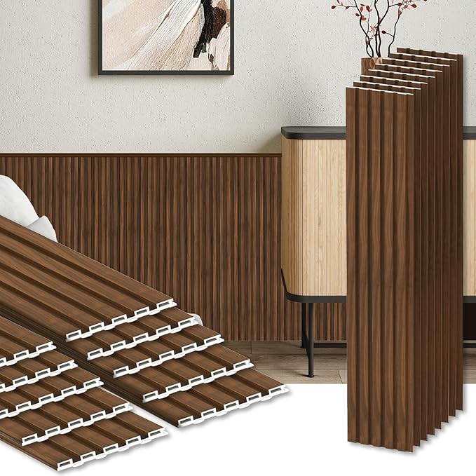 18Pack WPC Wainscoting Panels, 48.2 x 6.2 Inches 3D Accent Wall Panels for Interior Wall Decor, Fluted Wood Paneling for Living Room, TV Background, Office, Bedroom (Teak)