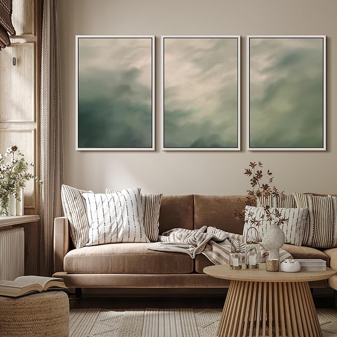 MUDECOR Framed Wall Art Print Set Soft Green Cloudscape Tranquil Abstract Nature Illustrations Modern Art Boho Decorative Colorful Chic for Living Room, Bedroom, Office - 24"x36"x3 White