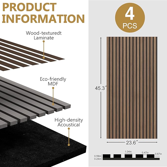 Acoustic Wood Wall Panels, 2-Pack 45.3" x 23.6" Soundproof Wall Panels, Wood Slat Wall Panels for Wall Decor, Walnut