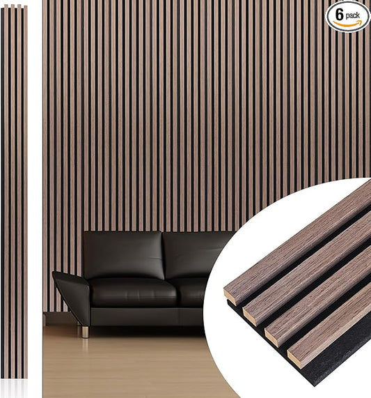 NeatiEase Wood Wall Panels, 9 Feet Acoustic Slat Wall Panels for Interior Wall Decor and Noise Reduction, Decorative Slat Wall Paneling, Smoked Oak, 6-Piece