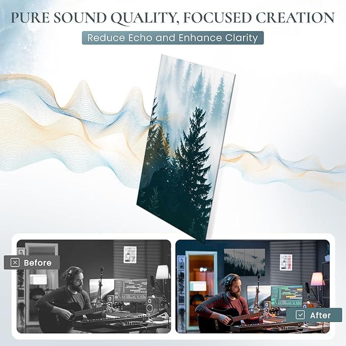 8 Pack Decorative Sound Absorbing Panels, Sound Absorbing Wall Art, 48X32 Inches Acoustic Wall Art for Decoration, Art Acoustic Panels, Acoustic Treatment, Adhesive Included, Misty Forest