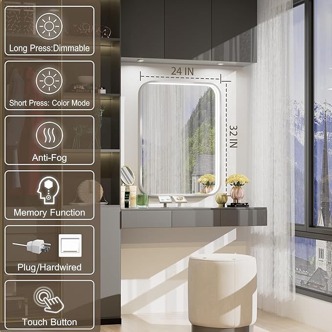 24x32 Inch Silver LED Mirror for Bathroom with Lights, Adjustable 3000K/4500K/6000K, Wall Mounted Lighted Bathroom Vanity Mirrors, Memory Funtiom, Dimmable, Anti-Fog, Horizontal/Vertical