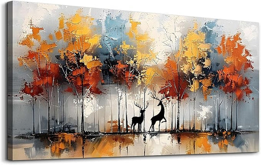 Lapremoly Large Wall Art For Living Room Framed Wall Decor For Bedroom Modern Office Decorations Textured Abstract Wall Pictures Elk Forest Landscape Paintings Canvas Art Prints Home Decor Artwork