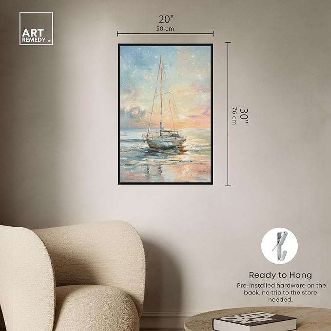 Art Remedy Boat On The Shore Framed Sailing 1 Piece Canvas Wall Art, 21" x 31", Black Frame