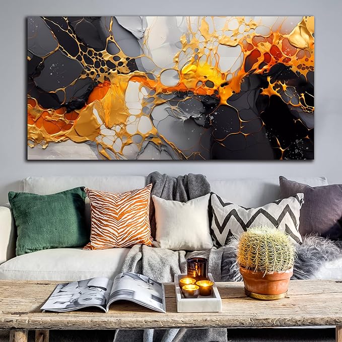 Canvas Wall-Art Black and White - Large Abstract Wall Art for Living Room - Yellow Wall Decor Bedroom Office Pictures Size 29" x 59"