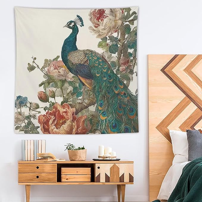 UUKXKUU Peacock Oriental Retro Blooming Flowers Tree Tapestry Flag Backdrop Wall Hanging Large Wall Art Decor for Dorm Office Bedroom Living Room 60"×60"