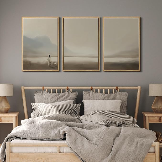 MUDECOR Framed Wall Art Print Set Serene Coastal Landscape Minimalist Illustrations Modern Art Boho Decorative Colorful Chic for Living Room, Bedroom, Office - 24"x36"x3 Natural