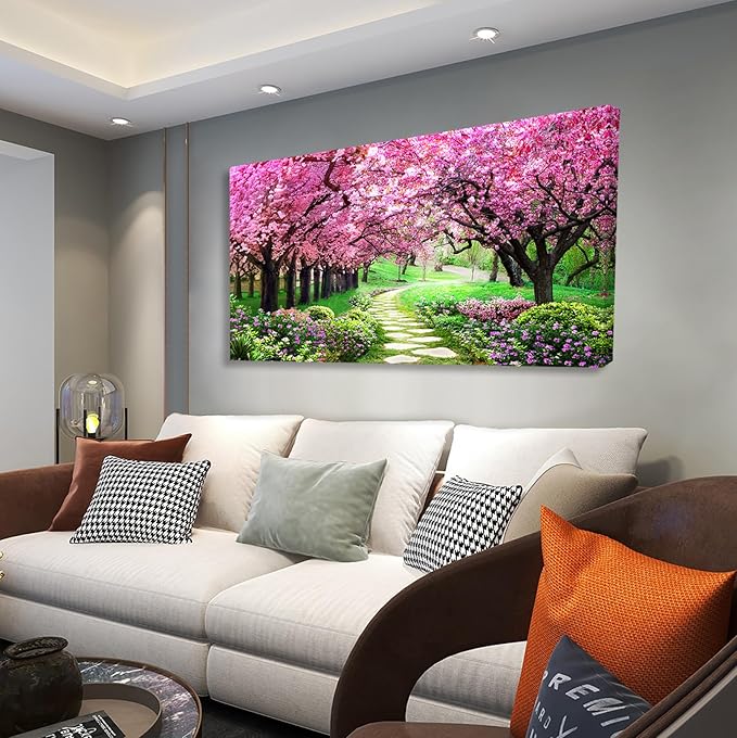 Aibonnly Canvas Wall Art Painting Pink Cherry Blossoms 1 Piece Park Tree Forest Wallpaper Spring landscape Picture Poster Print Framed and Stretched Ready to Hang for Living Room Bedroom Artwork