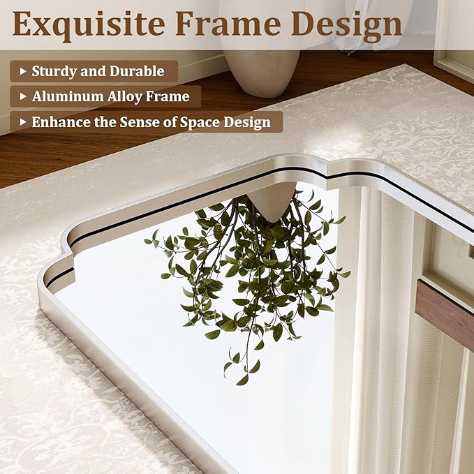 30" x 48" Silver Arch Bathroom Mirror, Wall Mounted Vanity Mirror with Metal Frame, Modern Decorative Scalloped Wall Mirror for Sink, Bedroom, Living Room, Entry, Farmhouse Home