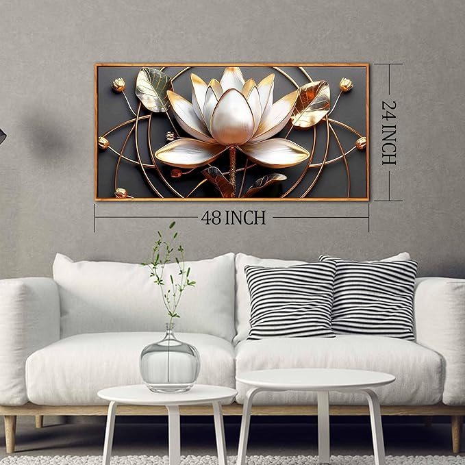 Lotus Flower Wall Art for Bedroom, Floral Canvas Wall Decor for Living Room, Black White and Gold Picture Print, Size 48 x 24 Inches Framed