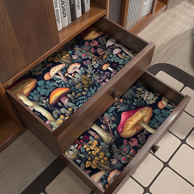 Mushroom Wallpaper Peel and Stick Floral Contact Paper Vintage Leaf Wall Paper for Bedroom Bathroom Countertop Removable Waterproof Black Colorful 17.5 x 196.5In