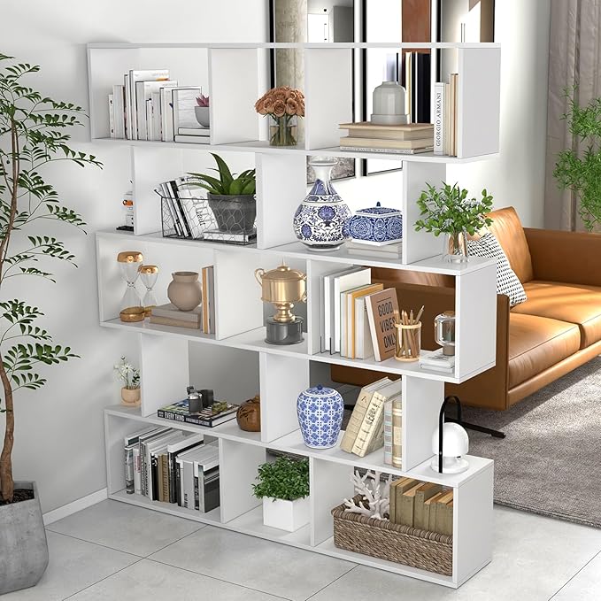 5 Tier Geometric Bookcase, S Shaped Bookshelf, Modern Decorative Storage Shelving, Wooden Room Divider Bookcase, 62.5" Tall Staggered Display Book Shelf for Living Room (2, White)