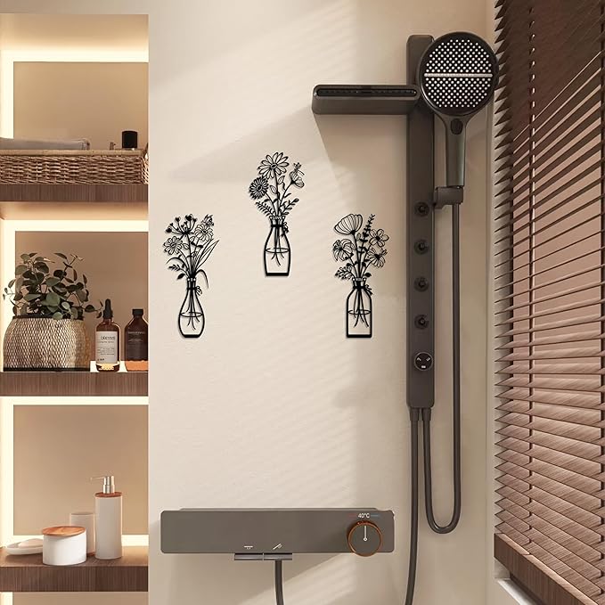 3 Pieces Metal Flowers Wall Art Decor, Farmhouse Minimalist Bathroom Wall Decors Sculptures for Living Room Dining Room Bedroom Housewarming Gifts