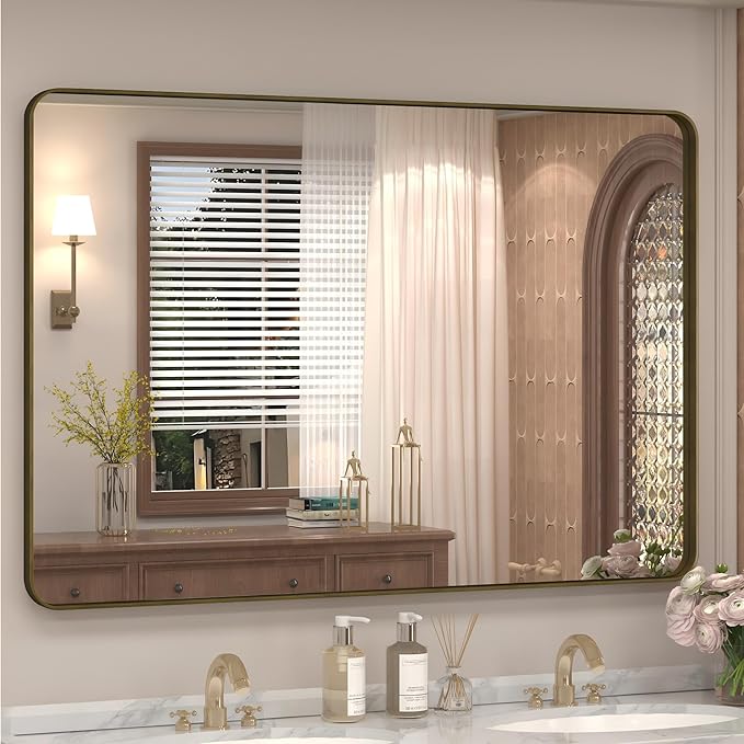48x30 Bronze Framed Bathroom Mirror, Rectangle Brushed Bronze Metal Vanity Mirror, Bronze Modern Mirror for Wall, Tempered Glass, Anti-Rust, Shatterproof (Horizontal/Vertical)