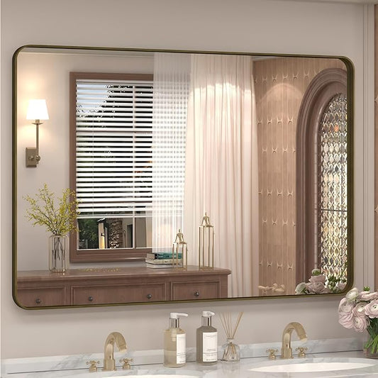48x30 Bronze Framed Bathroom Mirror, Rectangle Brushed Bronze Metal Vanity Mirror, Bronze Modern Mirror for Wall, Tempered Glass, Anti-Rust, Shatterproof (Horizontal/Vertical)