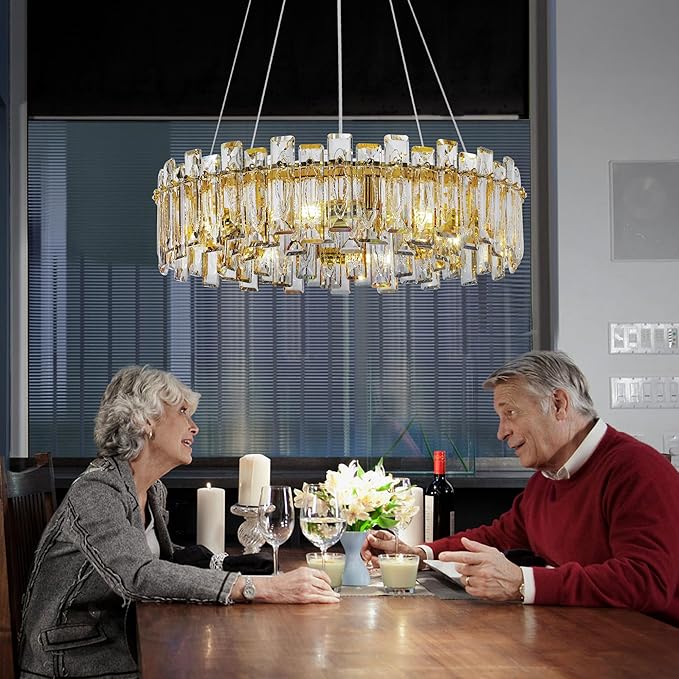 Modern Luxury K9 Crystal Chandelier 8-Lights Gold Round Pendant Light Easy Install Ceiling Hanging Light Fixture for Dining Living Room Kitchen Island Entryway Foyer D23.6