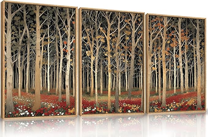 Large Modern Autumn Birch Trees Framed Canvas Wall Art,Boho Aspen Trees Wall Decor,Mid Century Fall Forest Artwork,Natural Midnight Wilderness Art Print for Living Room,Bedroom,Office-16"x24"x3