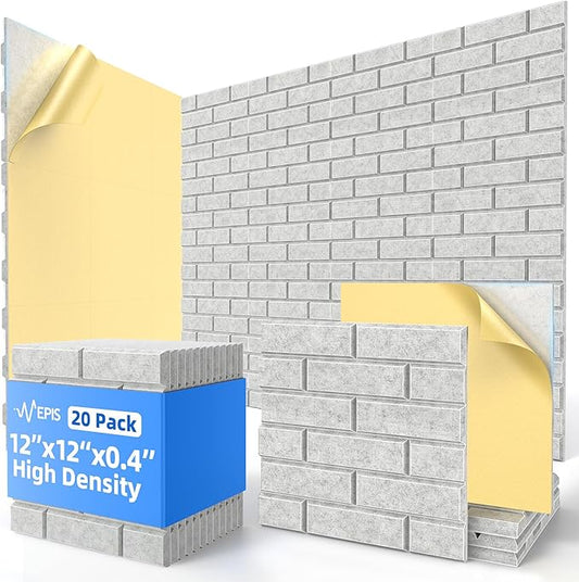 20 Pack Acoustic Panels with Self Adhesive, 12" X 12" X 0.4" High Density Sound Proof Foam Panels for Walls, Soundproof Wall Panel, Brick Sound Absorbing Panel for Home Studio Office Decor - Gray