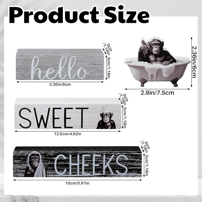 4 Pcs Chimpanzee Bathroom Decor Farmhouse Chimp Bathroom Decoration Western Hello Sweet Cheeks Table Centerpiece Christmas