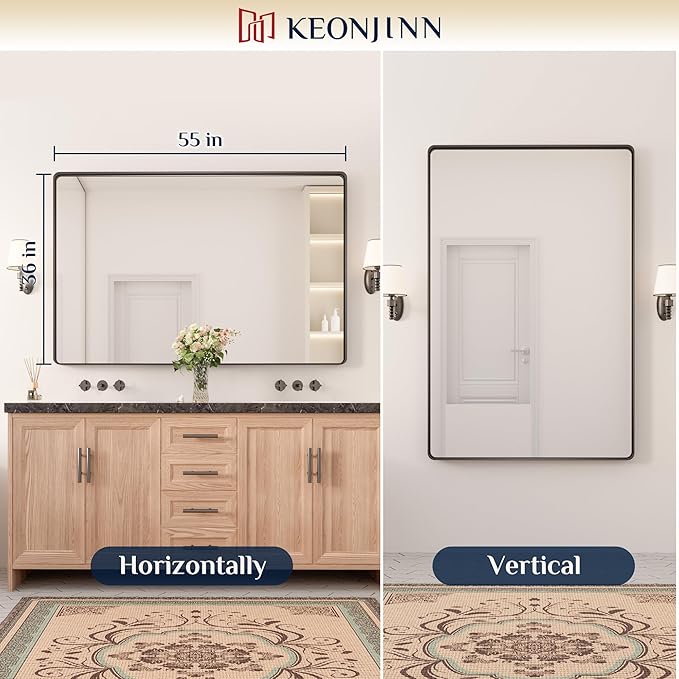 Keonjinn Black Mirror for Bathroom Sink 55 x 36 Inch Large Rounded Rectangle Bathroom Vanity Mirror, Matte Black Farmhouse Mirror, Anti-Rust, Shatter-Proof HD Tempered Glass(Horizontal/Vertical)