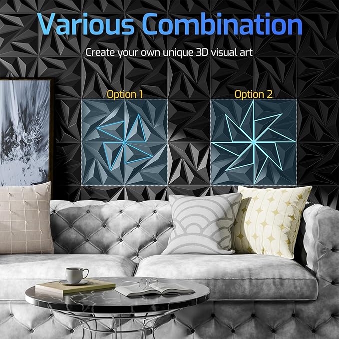 3D Wall Panels for Interior Wall Decor, 32 pcs PVC Wall Panels, 11.8''x11.8'' Decorative Accent Wall Panels for Game Rooms, TV Walls Background, Living Rooms, Decorative Wall Panels, Black