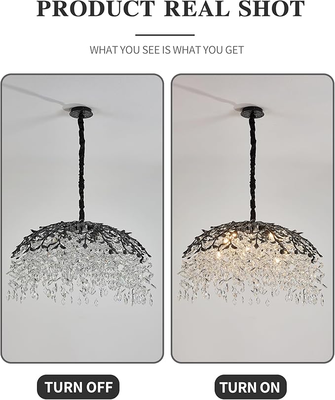 Modern Crystal Chandelier for Dining Room, 31.5" 10-Light Black Tree Branch Chandeliers, Luxury K9 Crystal Rectangular Chandeliers for Kitchen Island Living Room