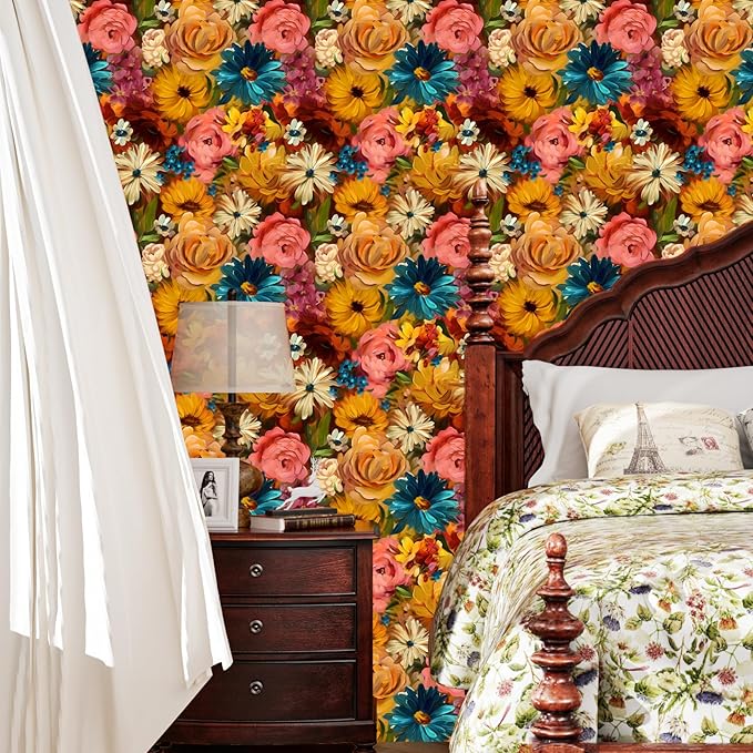 Colorful Floral Peel and Stick Wallpaper Vintage Leaf Contact Paper Multicolor Flower Wall Mural Home Vinyl Waterproof Self Adhesive Removable Renter Friendly Wall Paper 17.5" x 118"