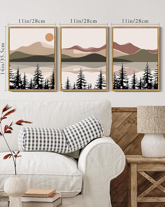 KUVIOKE Watercolor Mountain Landscape Framed Wall Art Laker Tree Boho Nature Artwork Painting Bohemain Farmhouse Rustic Home Decor 11x14in (Natural Framed)