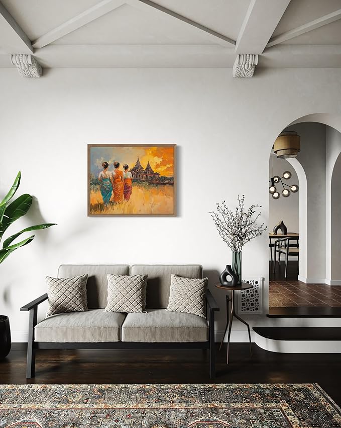 Myanmar Art Print Poster, Asia Oriental Countries Culture Wall Art Asian Paintings for Bedroom Bathroom Living Room Decor 97 (Myanmar, 8 x 10 inches, Wood Frame)