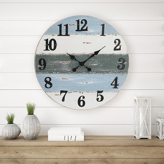 24" Large Beach Coastal Nautical Wall Clock, Wooden Wall Clocks Battery Operated,Vintage Farmhouse Decorative for Living Room, Kitchen, Home, Bedroom, Laundry Room, Blue