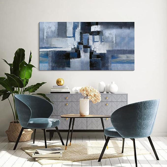 KLAKLA Large Abstracr Wall Art - Blue and Black Canvas Picture for Living Room Wall Decor - Bedroom Art Framed Artwork - Modern Wall Art - 24x48
