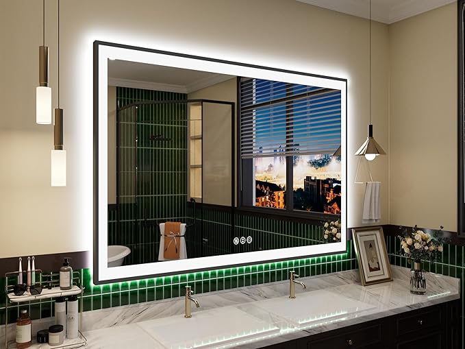 LED Bathroom Mirror 51x40 with Backlit and Front Lighted, Framed Dimmable Illuminated Mirror for Wall Anti-Fog Shatterproof (Horizontal/Vertical)