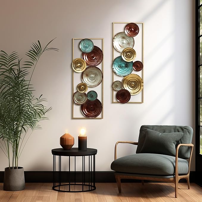 LuxenHome Metal Wall Art, Set of 2 Modern Multi-Color Gems Abstract Wall Decor Panels with Frame, 35" Hanging Sculptures Decor for Living Room, Metal Artwork Accent for Bedroom Dining Room Office