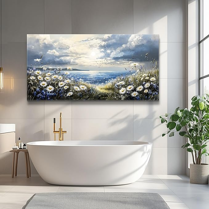 KELIYUAN Large Canvas Wall Art For Living Room Bedroom Wall Decor Home Office Blue Mediterranean Garden Landscape Painting Room Bathroom Dining Room Prints Artwork Picture Wall Decoration 20x40 In