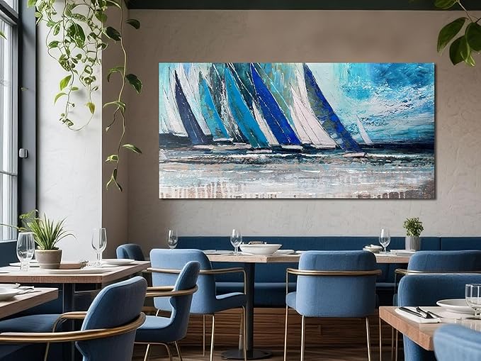 Arjun Blue Abstract Wall Art Canvas for Living Room Teal Ocean Sailboat Textured Bedroom Picture Modern Turquoise Coastal Nautical Painting Framed Artwork Home Office Wall Decor, Extra Large 58"x29"