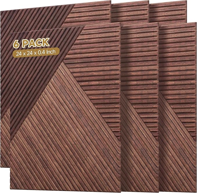 Acoustic Wall Panels,6 Pack Total Size 72 x 48 Inches,Self-Adhesive Decorative Acoustic Panels for Wall and ceiling,3D UV Printing with Wood Look,Red Sandalwood