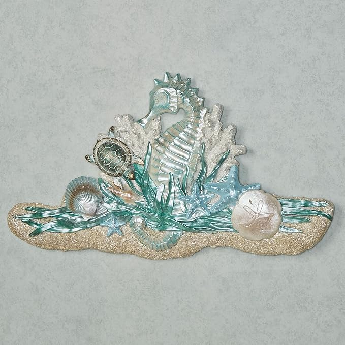 Coastal Seahorse and Sea Turtle Wall Art Plaque | Handpainted Pearlescent Metallic Ivory, Cool Blue, & Green Hues | Ocean Sealife, Coral Reef, and Seashells on Textured Sand Decorative Wall Sculpture
