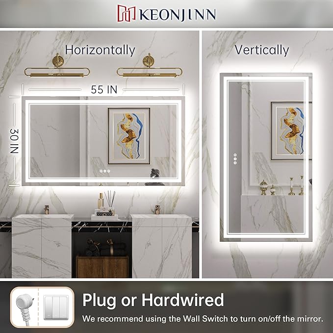 Keonjinn LED Bathroom Mirror with lights, 55" x 30" with Frontlit and Backlit, Stepless 3 Colors Temperature & Dimmable Large Tempered Glass Mirror, UL Listed LED Driver Double LED Strip Vanity Mirror