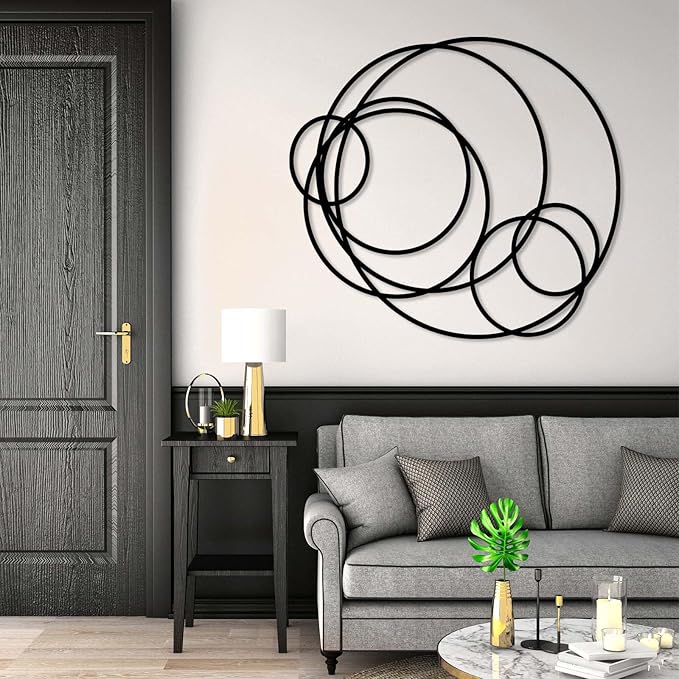Metal Circles Wall Art, Geometric Circles Metal Wall Art, Modern Circular Wall Decor, Round Metal Wall Hanging, Minimalist Wall Decor, Abstract Metal Wall Sculpture, Wall Metal Art for Living Room (32"x35"|81x90cm, Silver)
