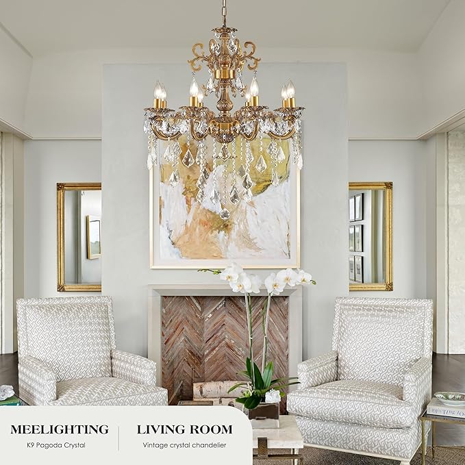 Antique Bronze Crystal Chandeliers, Candle Pendant Ceiling Light Fixture 8-Lights Luxury Gold Crystal Chandelier Adjustable Chain for Dining Living Room Bedroom Hallway 27 Inch
